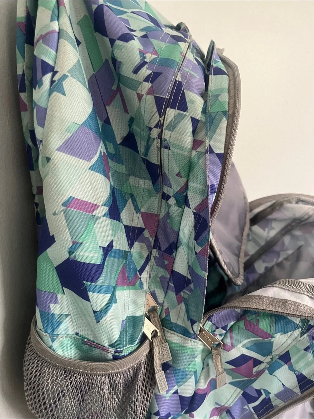 L.L. Bean Geometric Print Backpack in Teal, Navy, Purple